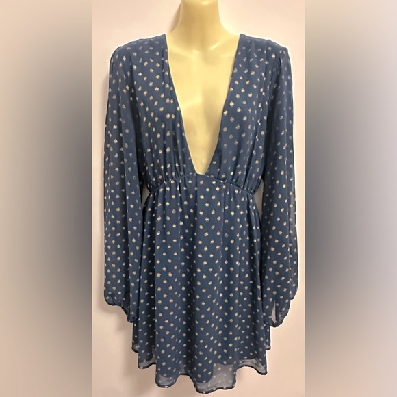 Show Me Your MuMu Gold Stardust Dot Navy Blue Long Sleeve Dress - Picture 2 of 9